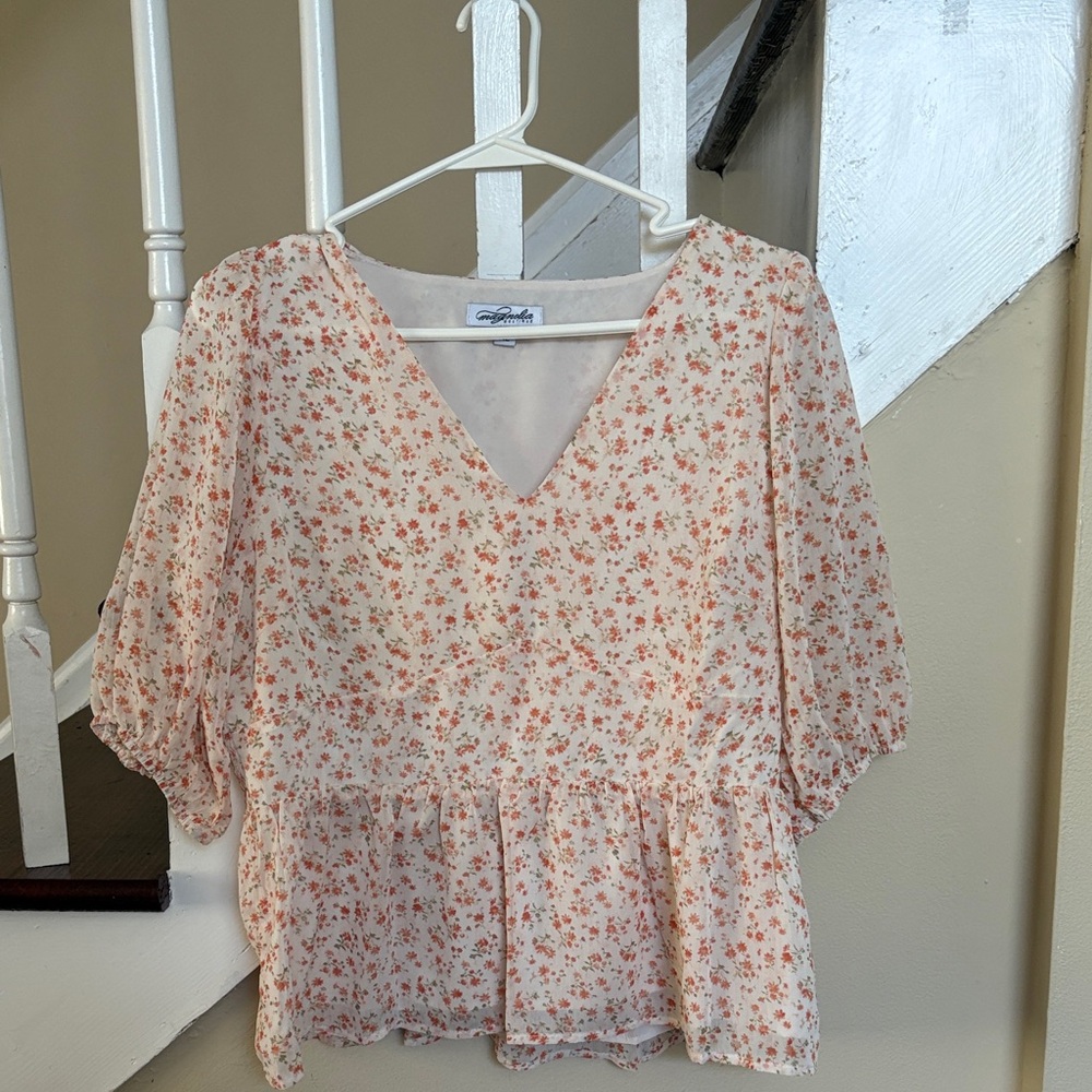 Magnolia Peach Floral Peplum Blouse - Picture 2 of 2